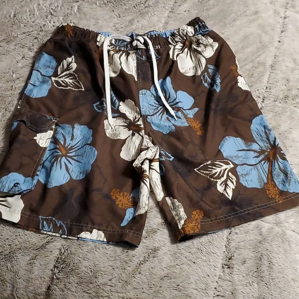Authentic Consensus Mens Size L Brown Blue White Flowered Swim Shorts‎